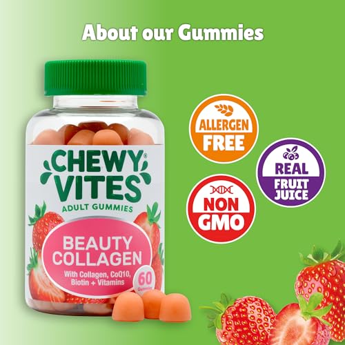 Chewy Vites Beauty Collagen 60 Gummy Vitamins |Hydrolised Collagen, CoQ10, Biotin + Vitamins | 1 Month Supply | Real Fruit Juice | Berry Flavour | 2-a-Day | CHEWY VITES uk supplements