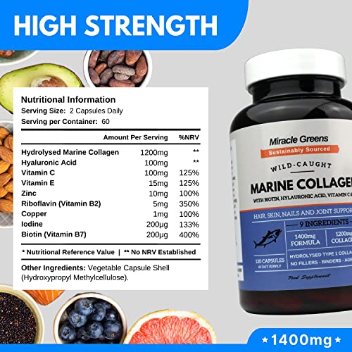 Marine Collagen 1400mg | 120 Capsules with Biotin, Hyaluronic Acid, Vitamin C, E, B2, Zinc, Copper & Iodine Miracle Greens uk supplements