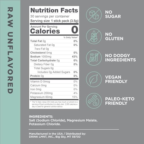 LMNT Zero-Sugar Electrolytes - Raw Unflavored Salt - Hydration Powder Packets Drink LMNT uk supplements