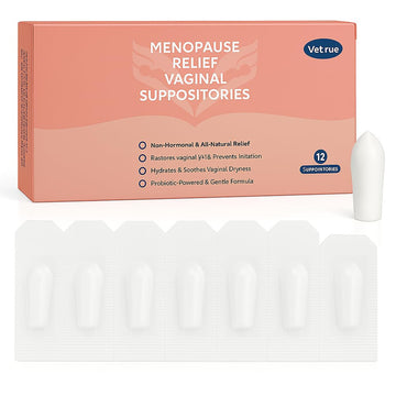 Vetrue Menopause Relief Vaginal Suppositories, Non-Hormonal, All-Natural Formula with Boric Acid, Hyaluronic Acid, Probiotics, Coconut Oil & Vitamin E, Soothes Vaginal Dryness & Discomfort(12 Inserts) vetrue uk supplements