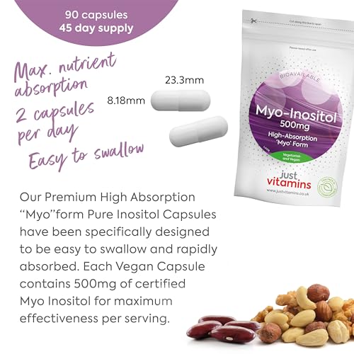 Myo-Inositol Capsules - 500mg x90 Capsules - Pure Premium Quality Myo Inositol Vitamin Just Vitamins uk supplements