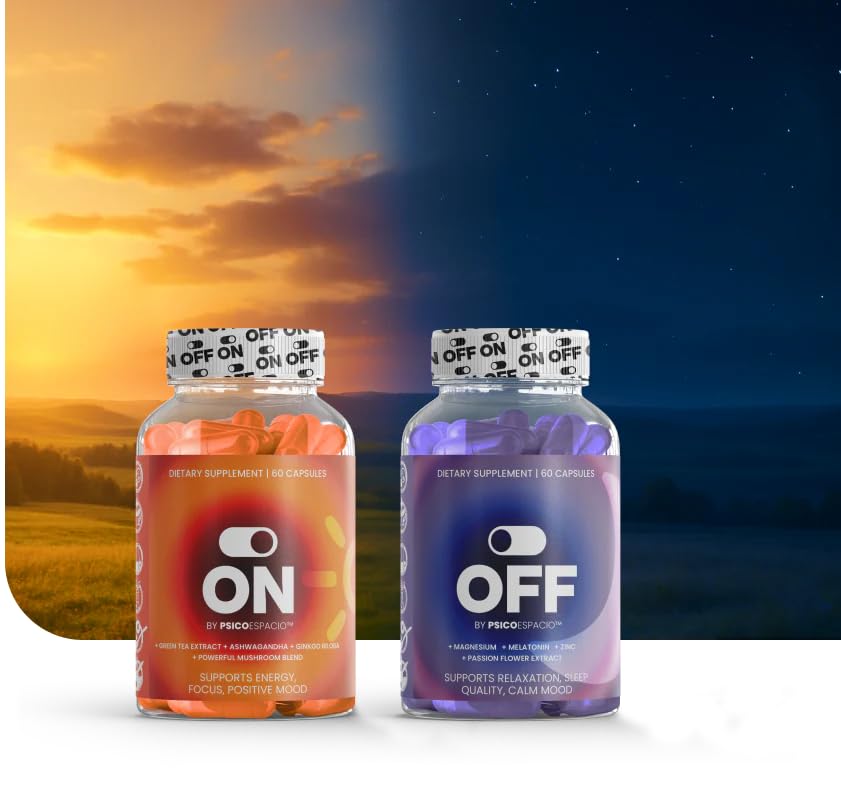 PSICÓESPACIO ON & Off Day & Night Supplement Bundle – Natural Energy with Ashwagandha + Sleep Aid with Melatonin & L-Theanine for Adults, Focus, Relaxation & Mood Support, 60 Count Each OFF BY PSICOESPACIO uk supplements