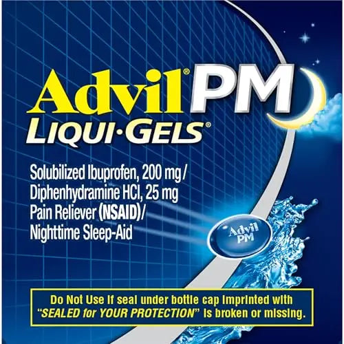 Advil PM Liqui-Gels Pain Reliever and Nighttime Sleep Aid, Pain Medicine with Ibuprofen for Pain Relief and Diphenhydramine HCL for a Sleep Aid - 80 Liquid Filled Capsules - Back to College Advil uk supplements