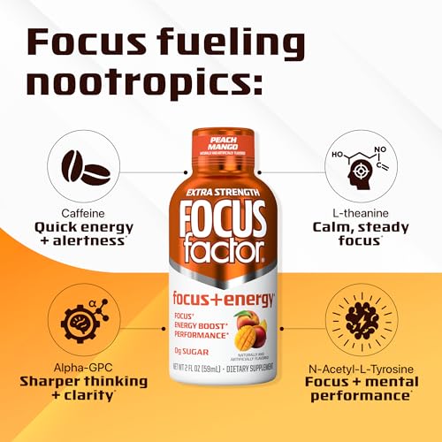 Focus Factor Extra Strength Focus + Energy Shots - 12 x 2oz Bottles (Peach Mango Flavor) - Powered by Nootropics with Caffeine, L-Theanine, Ginkgo, Bacopa, L-Tyrosine, Alpha GPC Focus Factor uk supplements