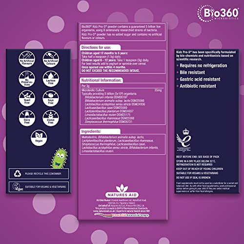 Natures Aid Bio360 Kidz Pro-5 (5 Billion Bacteria) from Natures Aid, Children's Microbiotic natures aid uk supplements