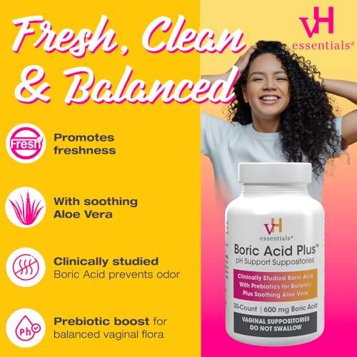 vH essentials Boric Acid Plus Vaginal Suppositories, Prebiotic Infused with Soothing Aloe Vera, pH vH essentials uk supplements