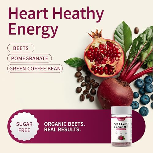 Snap Supplements Nitric Oxide Gummies - Beet Root Extract 300mg, Sugar Free Beetroot Supplement with Pomegranate Powder for Circulation & Natural Energy, 60 Vegan Gummies, Cherry Flavor Snap Supplements uk supplements