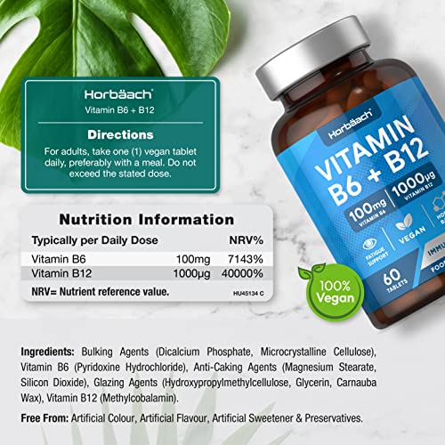 Vitamin B6 and B12 Tablets High Strength | 60 Count | with 100mg of Vitamin B6 Horbäach uk supplements