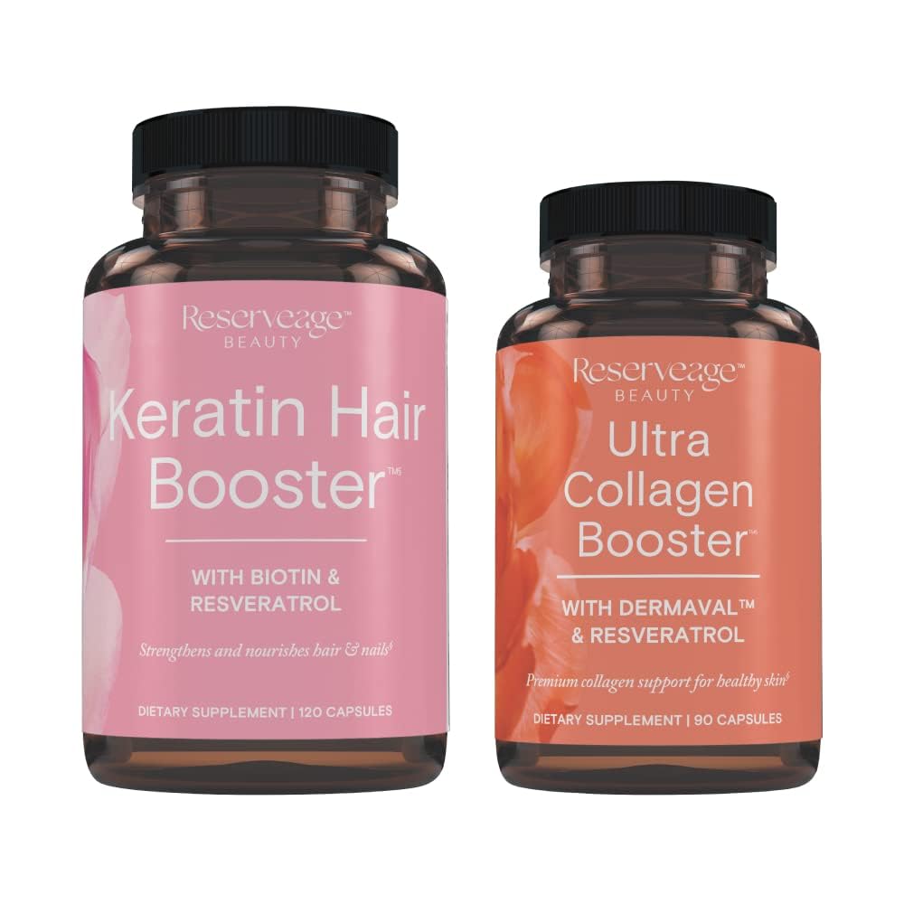 Reserveage Ultra Collagen Booster & Keratin Hair Booster - Features Dermaval, Biotin & Resveratrol - Support Hair & Skin - 90 Ultra Collagen Booster Capsules, 120 Keratin Hair Booster Capsules Reserveage Nutrition uk supplements