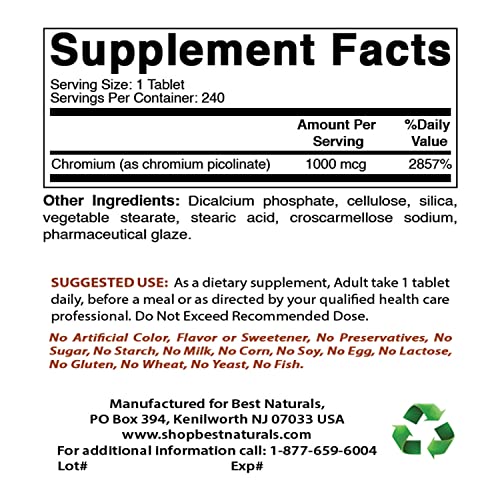 Best Naturals Chromium Picolinate 1000mcg 240 Tablets Best Naturals uk supplements