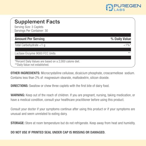 Puregen Labs Dairy Relief Natural Fast Acting Lactase Enzyme 3000 FCC, Lactose Intoleran P Puregen Labs uk supplements