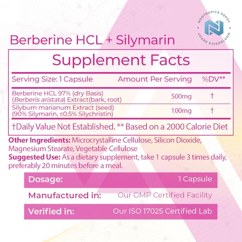 Nootropics Depot Berberine HCL + Silymarin Capsules | 500mg + 90mg | 180 Count Nootropics Depot uk supplements