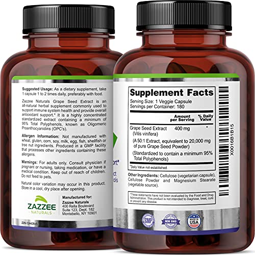 Zazzee High Strength Grape Seed 50:1 Extract, 20,000 mg Strength, 180 Vegan Capsules Zazzee uk supplements
