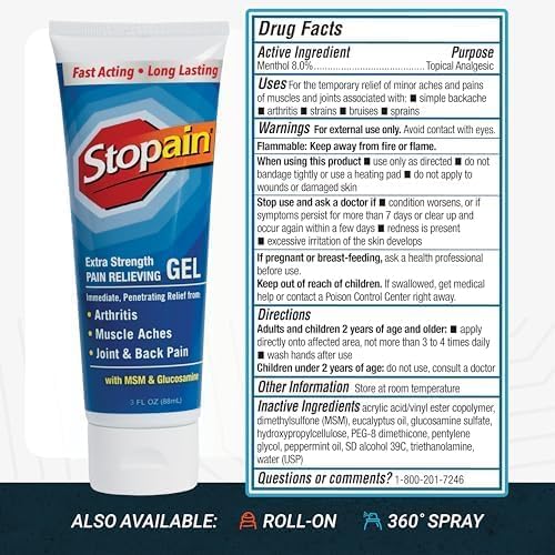 Stopain Pain Relief Gel 3oz USA Made, Max Strength Fast Acting with MSM, Glucosamine, Menthol for Arthritis, Lower Back Sciatica, Knee, Neck, HSA FSA Approved Topical Analgesic Products Stopain uk supplements