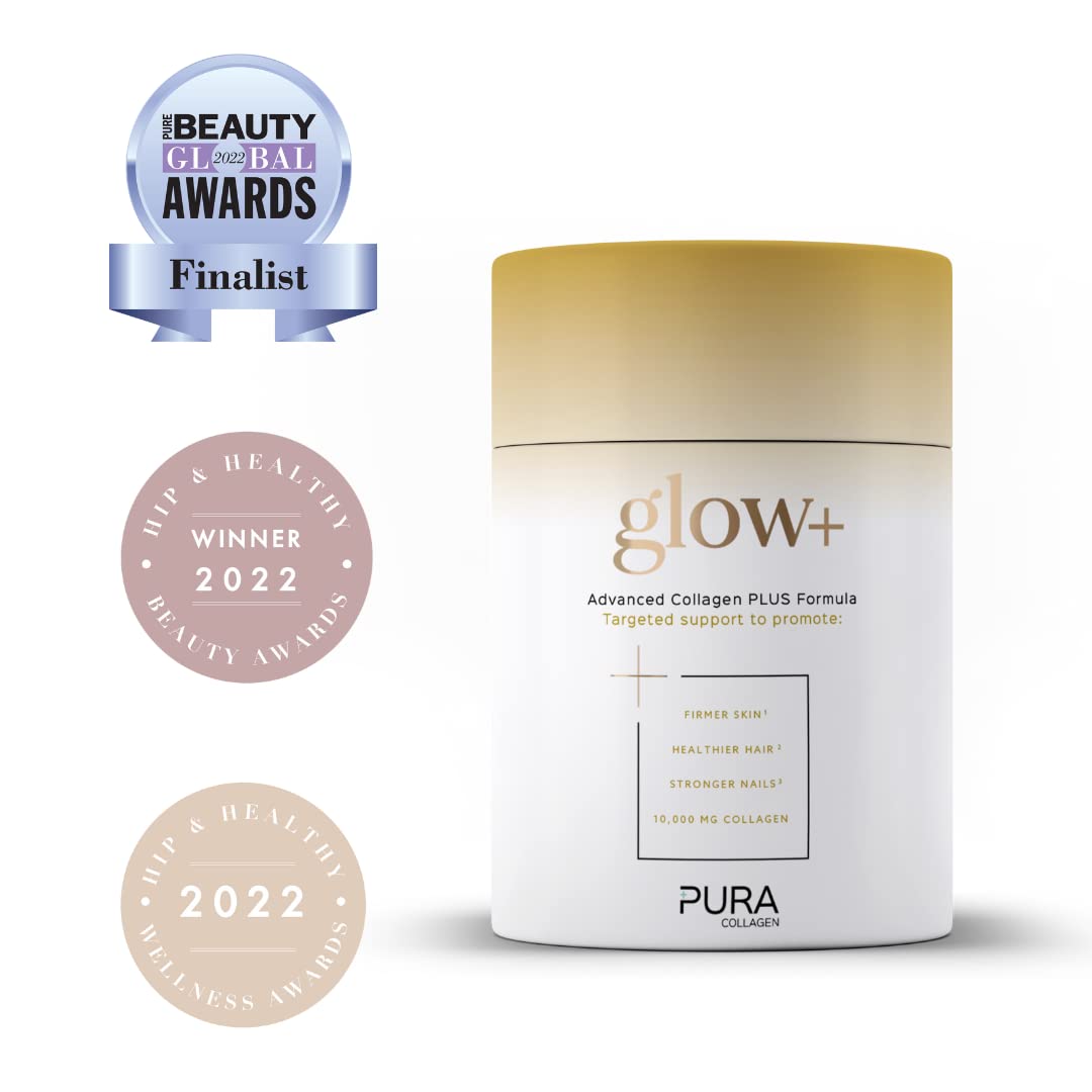 Pura Collagen Powdered Supplement Glow+, 10,000mg Hydrolysed Peptides, Hyaluronic Acid, Vitamins & Minerals, 28 Servings, 284 g Pura Collagen uk supplements