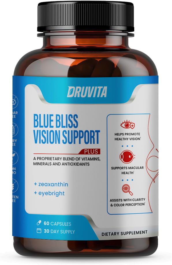 Blue Bliss Vision Support - Eye Vitamins with Lutein, Biotin, Bilberry and Zeaxanthin - Vitamin Supplement for Vision Health and Preservation for Adults Seniors 60 Veggie Capsules 30 Day Supply Druvita uk supplements