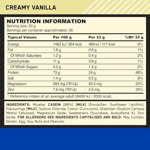 Optimum Nutrition Gold Standard 100% Casein Slow Digesting Protein Powder with Zinc Optimum Nutrition uk supplements