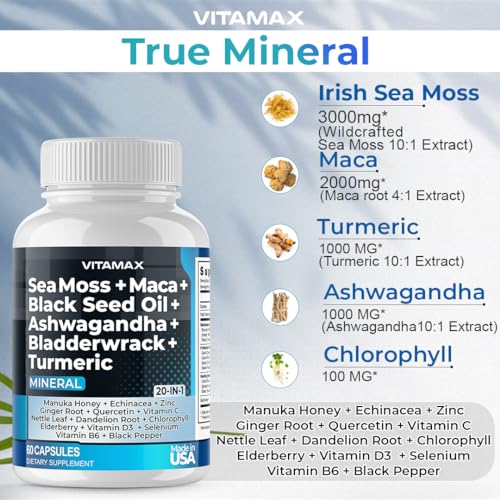 Sea Moss 3000mg Maca 1000mg Black Seed Oil 2000mg Ashwagandha 1000mg Bladderw Vitamax uk supplements