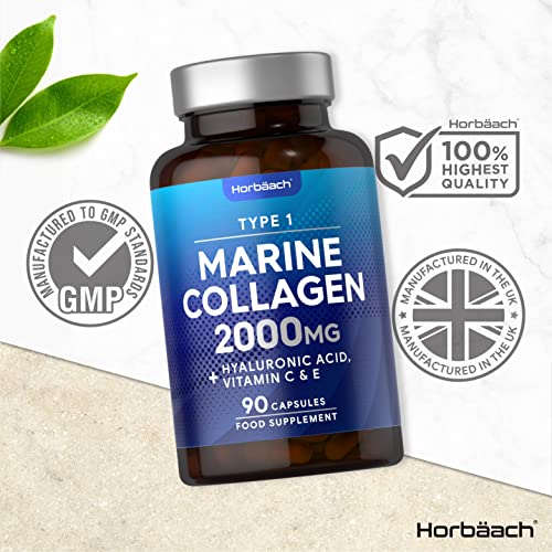 Marine Collagen Capsules | with Hyaluronic Acid, Vitamin C & E | 2000mg | High Strength Type 1 Collagen Horbäach uk supplements