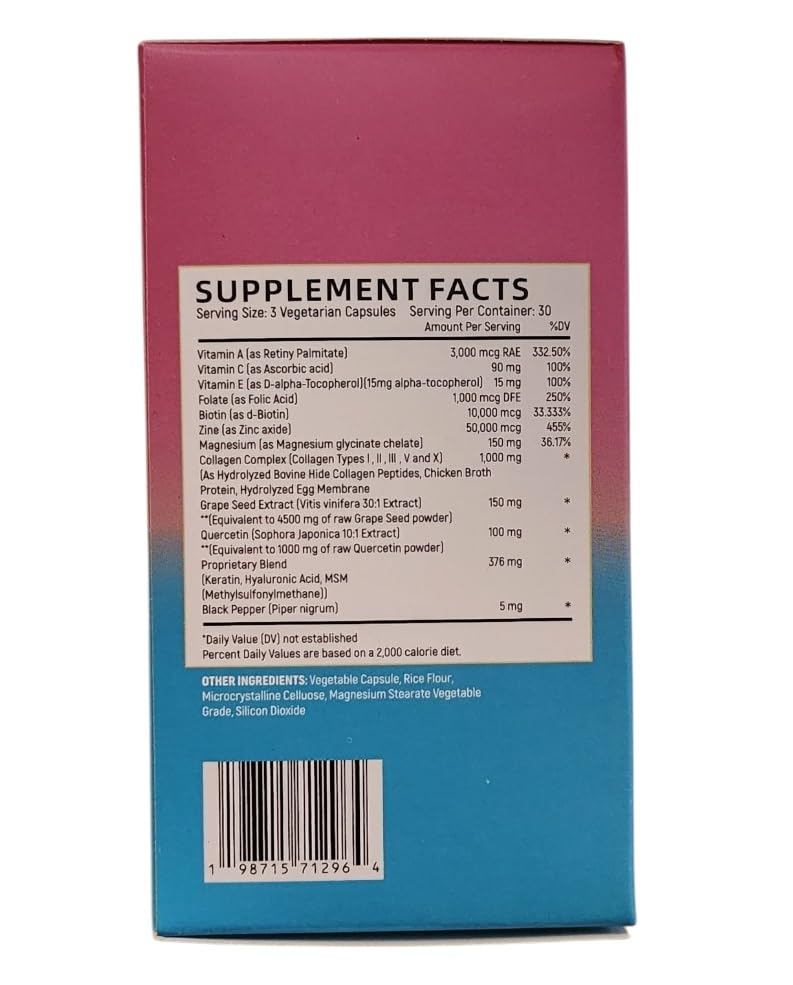 Collagen Peptides Types I, II, III, V & X, 64000 MCG, 14 in 1, Biotin, Keratin, Hyaluronic Acid, Magnesium, MSM, Grape Seed, Vitamin A C & E, Black Pepper, Quercetin, Folate, Zinc (90 Veggie Caps) Main Products uk supplements