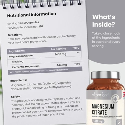 Magnesium Citrate - 1480mg High Strength - 240 Capsules (4 Month Supply) - Vegan VitaBright uk supplements