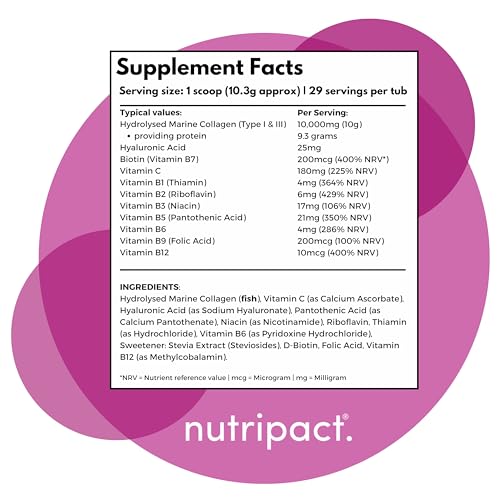 Hydrolysed Marine Collagen Peptides Powder with Hyaluronic Acid, Biotin, Vitamin C & B Vitamins – 10,000mg Collagen nutripact uk supplements