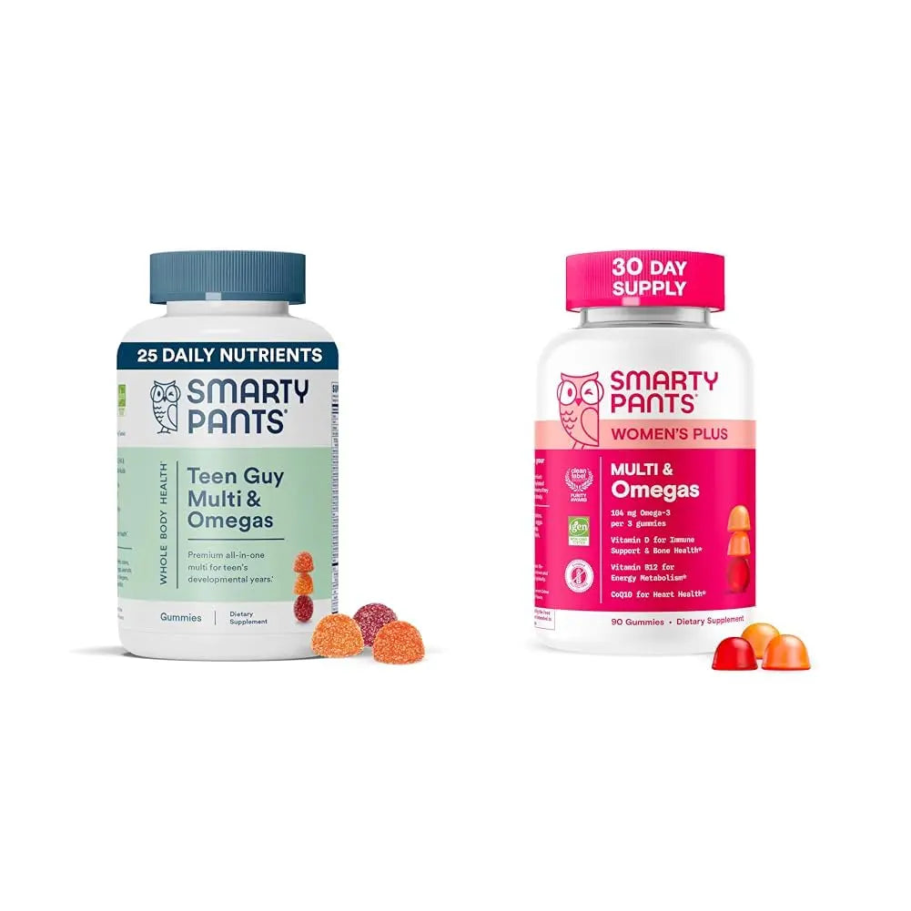 SmartyPants Women's and Teen Guy Multivitamin Gummies Bundle: Omega 3 (DHA/EPA), Methylfolate, CoQ10, Vitamin D3, C, Vitamin B12, B6, Vitamin A, K & Zinc, Gluten Free (30 Day Supply) SmartyPants uk supplements
