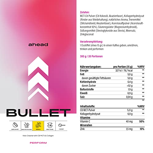ahead BULLET | C8 MCT Powder with Collagen Powder - Vanilla - 300g - Perfect for Bulletproof Coffee ahead uk supplements