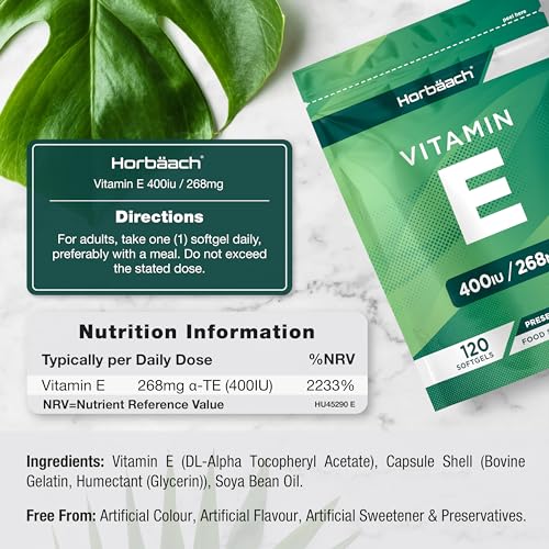 Vitamin E Capsules 400iu | 120 Count | High Strength Vitamin E as DL-a-Tocopheryl Horbäach uk supplements