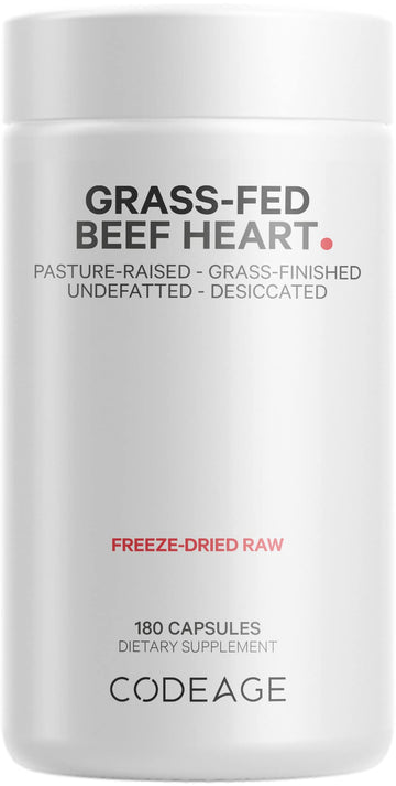 Codeage Grass Fed Beef Heart Supplement - Freeze Dried, Non-Defatted, Desiccated Glandular Supplements - Bovine Meat & Liver Pills - Beef Vitamins for Heart - Non-GMO -180 Capsules Codeage uk supplements