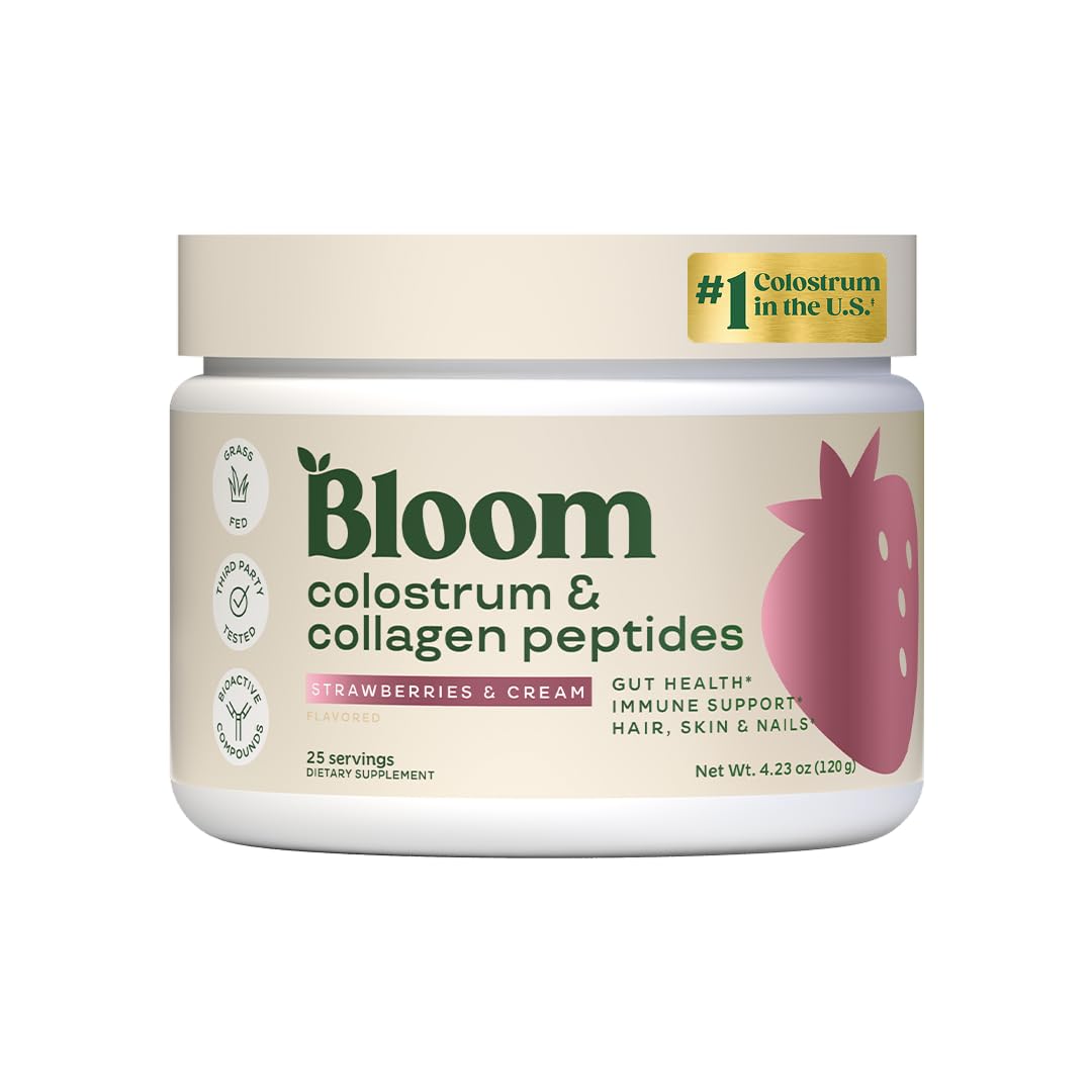 Bloom Nutrition Bovine Colostrum Powder with Vitamin B-12 for Gut Health, Immune Support, Hair Growth & Beauty Supplement | Strawberry, 25 Servings Bloom Nutrition uk supplements