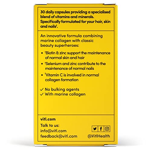 VITL Hair, Skin & Nails + Collagen, A dose of Classic Complexion Heroes Such as Collagen, Vitamin E, Biotin and Zinc | 30 Capsules VITL uk supplements