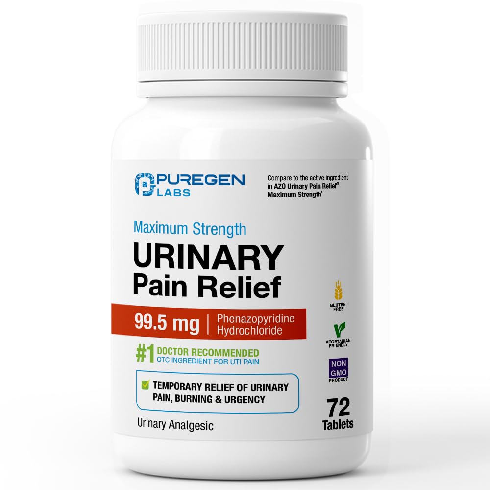 Puregen Labs Urinary Pain Relief | Phenazopyridine HCl 99.5mg Tablets | Maximum Strength OTC for Fast Relief of UTI Pain, Burning and Bladder discomfort – 72 Count Tablets P Puregen Labs uk supplements