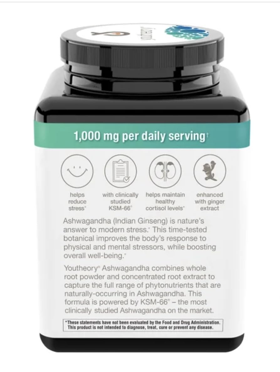 Youtheory Ashwagandha 1000mg with KSM-66 - Helps Support a Healthy Stress Response,180 Capsules (Pack of 1) Youtheory uk supplements