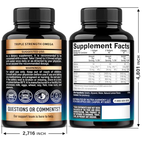 Omega 3 Fish Oil 3600 mg - Omega 3 Supplement | EPA & DHA - Heavy Metals Free - Heart, Brain & Joint Support - Purified Fish Oil for Men & Women - Lemon Flavored - Made in USA, 90 Softgels NUTRAHARMONY uk supplements
