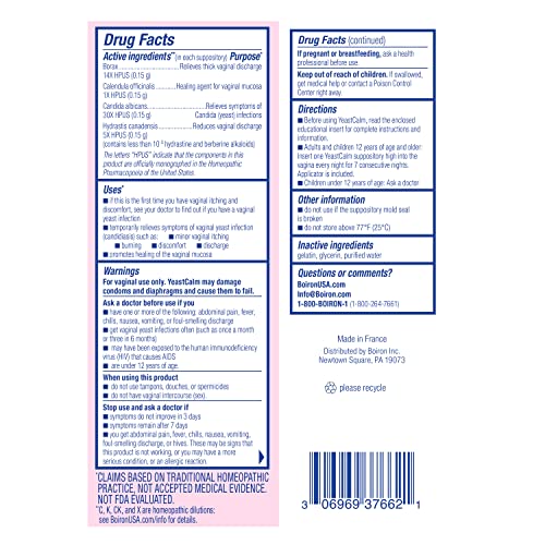 Boiron YeastCalm Homeopathic Suppositories for Yeast Infections, Burning, Discharge Boiron uk supplements