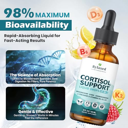 Cortisol Supplements for Women & Men, 18 in 1 Stress & Mood Support Drops with Magnesium 480mg, GABA, Ashwagandha, L-Theanine & Phosphatidylserine, for Relaxation & Sleep, Lemon Raspberry Flavor 60mL Rylaxed uk supplements