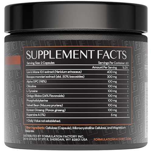 Formulation Factory Nootropic Brain Supplement - Boss Mode Focus & Memory Complex with Lion's Mane, Alpha GPC & Bacopa - Cognitive Support - 120 Capsules, 2 Month Supply Formulation Factory uk supplements