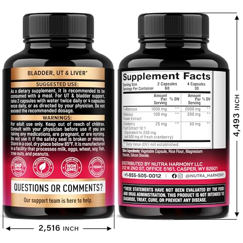 D-Mannose 2000mg with Cranberry & Hibiscus - Clinically Tested Strength for Urinary Tract Health - Supplement for Women - Bladder, Liver & Microflora Support - Made in USA - Vegan, 120 Capsules NUTRAHARMONY uk supplements
