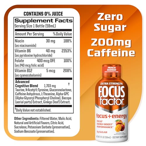Focus Factor Extra Strength Focus + Energy Shots - 12 x 2oz Bottles (Peach Mango Flavor) - Powered by Nootropics with Caffeine, L-Theanine, Ginkgo, Bacopa, L-Tyrosine, Alpha GPC Focus Factor uk supplements