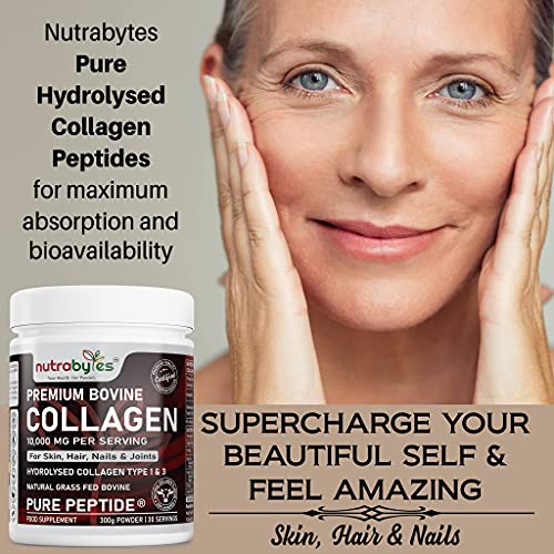 Pure Hydrolysed Collagen Powder 10000mg Bovine Type 1 & 3 Unflavoured|High Strength Protein Peptides for Women & Men NUTRABYTES uk supplements