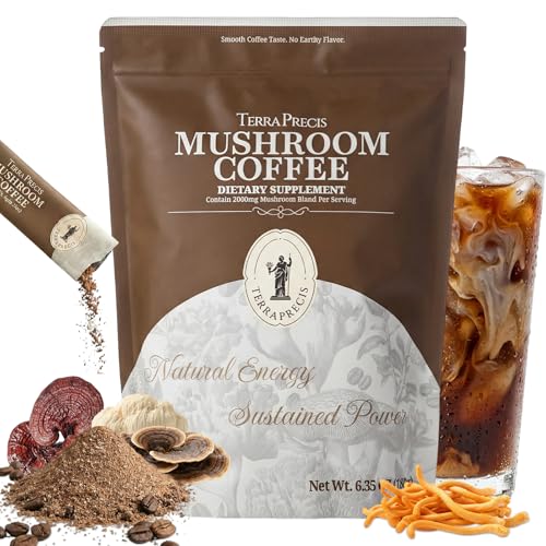 TerraPrecis Mushroom Coffee with 6 Adaptogens Mushrooms Supplement for Organic Lion's Mane&Reishi,Chaga&Other, Instant Coffee with MCT Oil& Arabica for Energy,Focus&Immune Support (30 Servings) TerraPrecis uk supplements