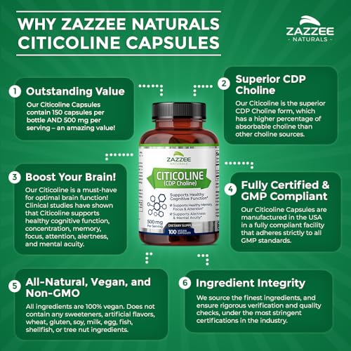 Zazzee Extra Strength Citicoline CDP Choline, 500 mg per Serving, 100 Vegan Capsules Zazzee uk supplements