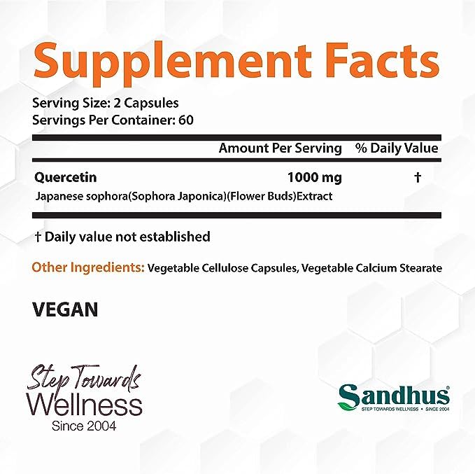 Sandhu's Quercetin 1000mg Per Serving 120 Count(Pack of 2) Vegetarian Capsules Sandhu's uk supplements