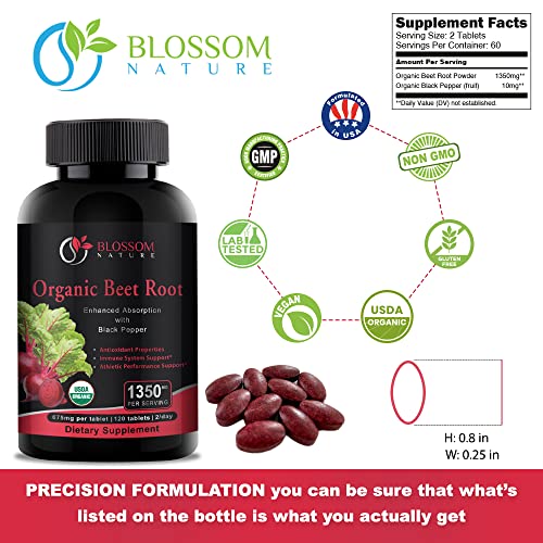 Organic Beet Root Powder 1350mg with Black Pepper-Nitric Oxide Booster, Digestive System Blossom Nature uk supplements