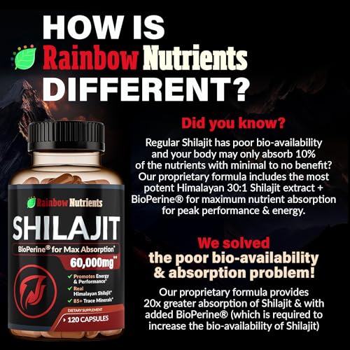 Pure Himalayan Shilajit Capsules Supplement (60,000mg+ Absorption Enhancer+50% Rainbow Nutrients, LLC uk supplements