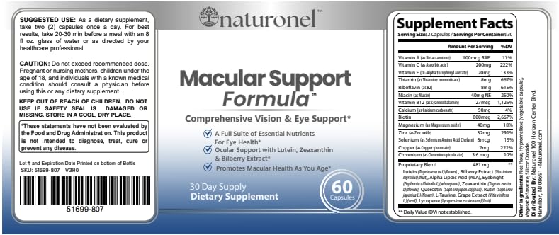 Naturonel Macular Support Formula – Vision & Eye Health with Lutein, Zeaxanthin, Bilberry, Eyebright & Antioxidants | Non-GMO, Made in USA, GMP Certified – 60 Capsules, 30 Day Supply (1) Naturonel uk supplements