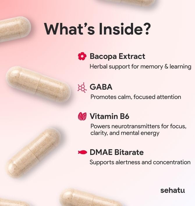 SEHATU Focus Plus Cognitive Performance Enhancer | with N-Acetyl L-Tyrosine, DMAE Bitartrate, GABA, Glutamic Acid | Boosts Focus, Enhances Memory, Supports Brain Health | 60 Count | 30 Day Supply SEHATU uk supplements