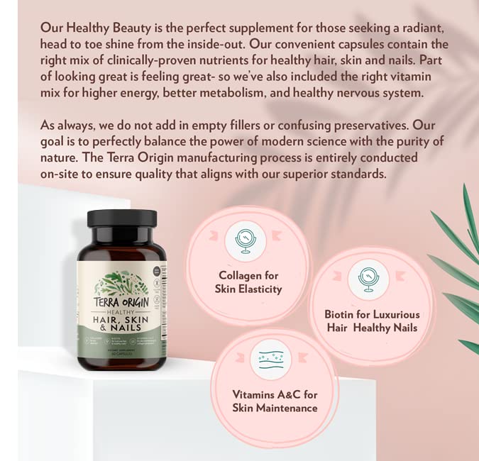 TERRA ORIGIN Healthy Hair, Skin and Nails Supplement | Collagen, Biotin, Horsetail & B-Complex | Supports Hair Strength, Skin Elasticity & Nail Growth | Vitamins for Women and Men | 60 Capsules TERRA ORIGIN uk supplements