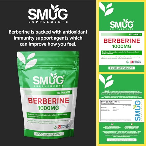 SMUG Supplements Berberine Tablets - 100 High Strength 1000mg Pills - Can Promote SMUG Supplements uk supplements